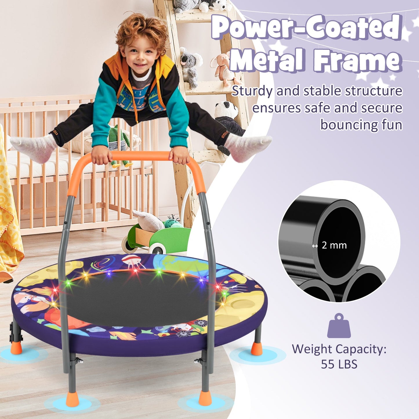 Mini Trampoline Folding Small Rebounder for Kids with Lights-Purple
