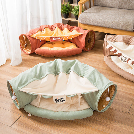 Collapsible Removable Cat Tunnel Tube With Cat Bed Set