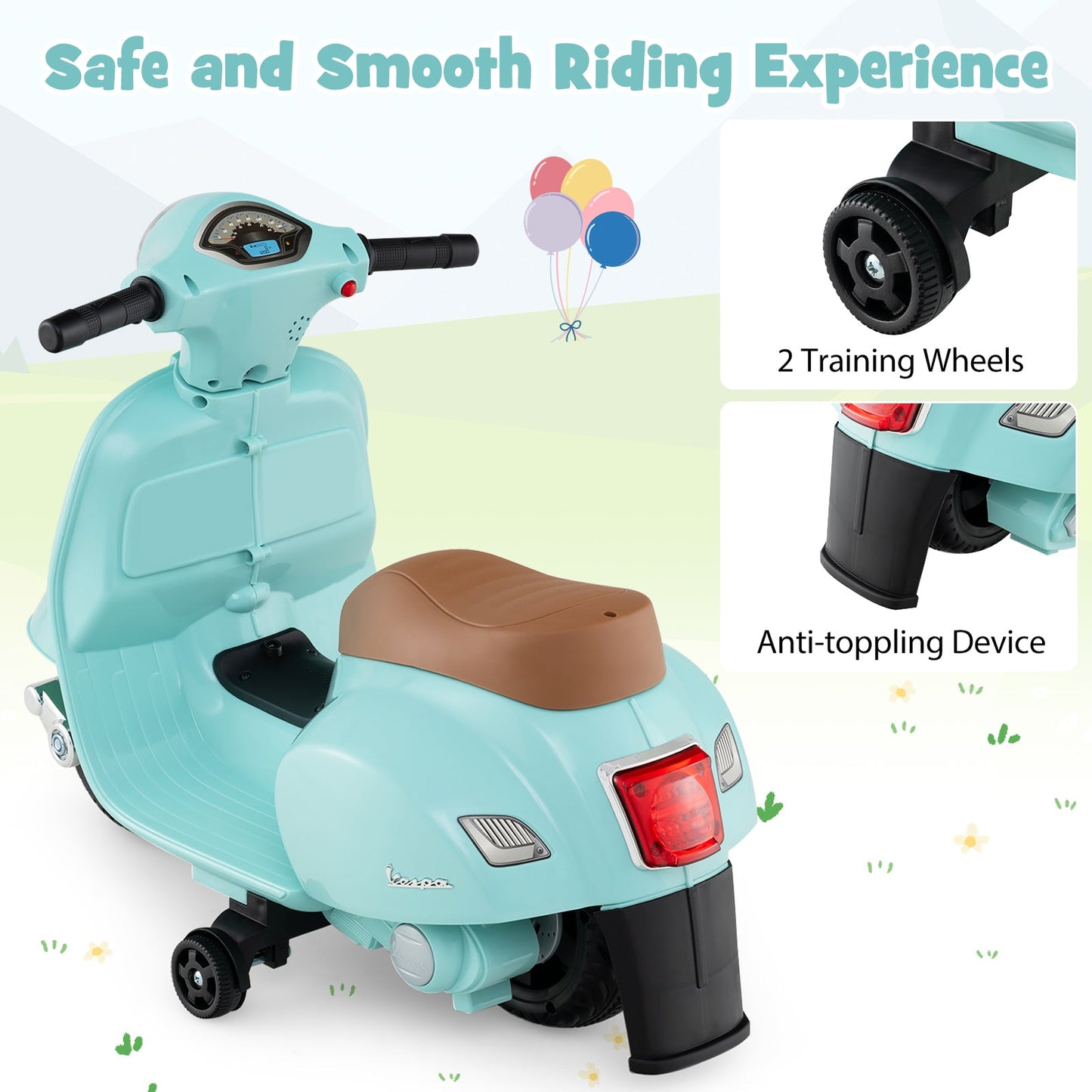 Kids Ride on Motorcycle Licensed Vespa with LED Headlight and Horn Sound-Green