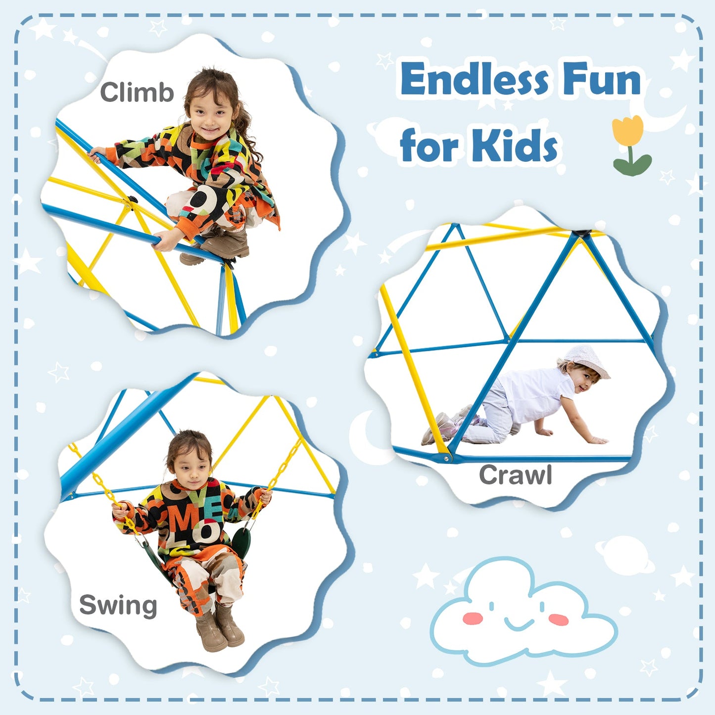 10 Feet Dome Climber with Swing and 800 Lbs Load Capacity-Multicolor