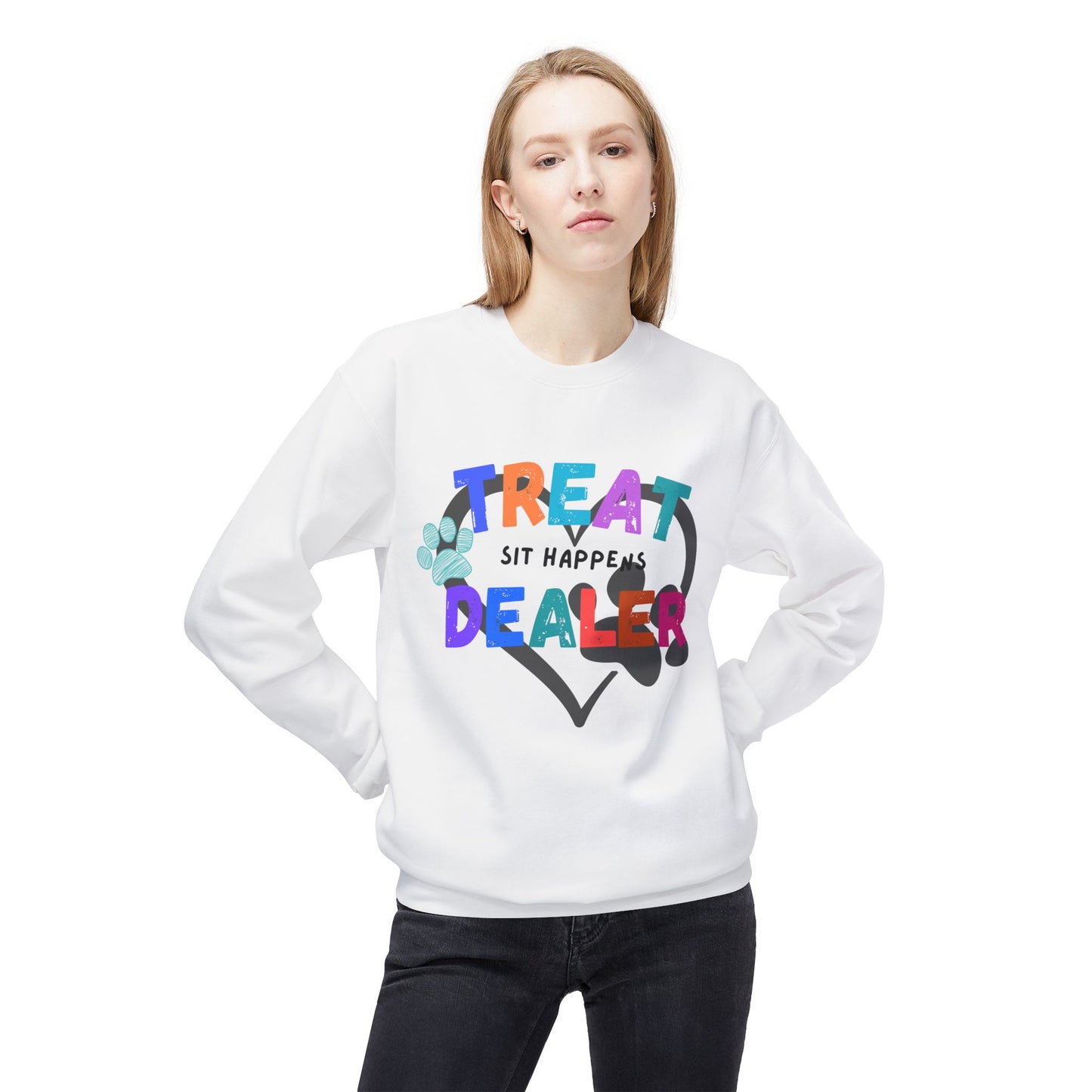 Sweatshirt — "Treat Dealer" Colorful Heart Candy Crewneck