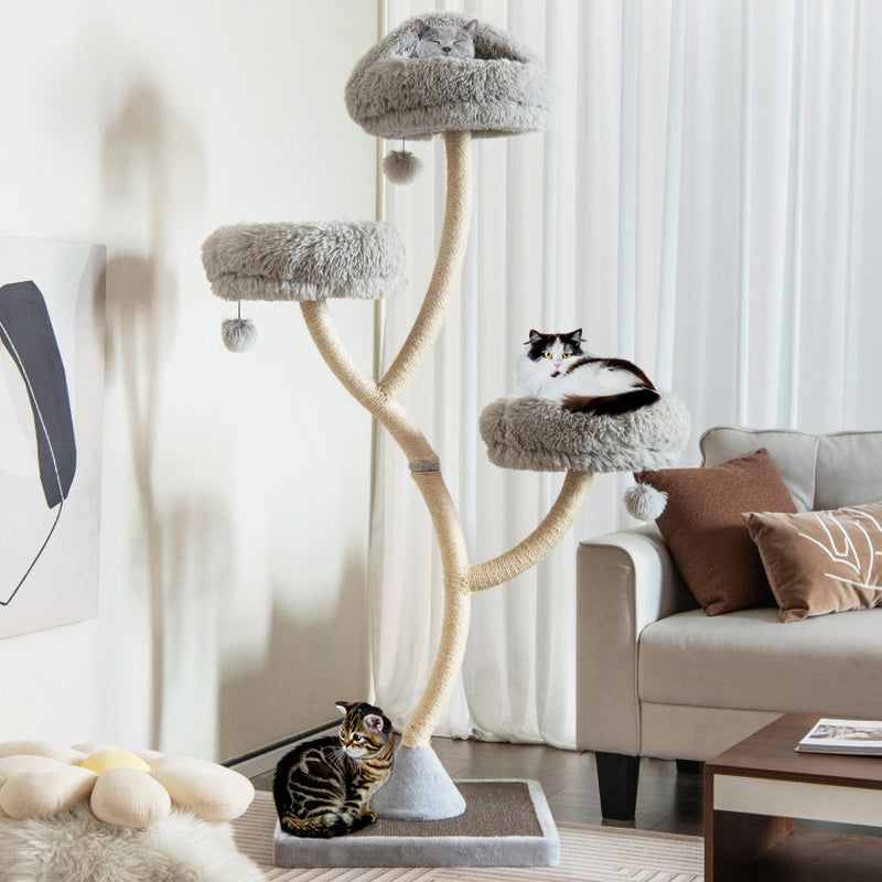 70" Tall Metal Cat Tree Tower with 3 Plush Perches & Sisal Scratching Posts