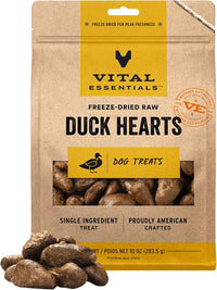 Vital Essentials Single Ingredient Duck Hearts Dog Treats, 10 oz | Freeze-Dried Raw | Premium Quality High Protein Training Treats | Grain Free, Gluten Free, Filler Free