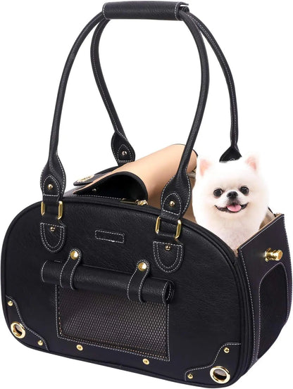 Dog Carrier Purse – Waterproof PU Leather Pet Travel Bag with Roof, for Small Dogs & Cats