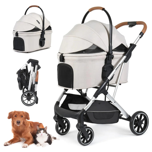 Beberoad Pets T6 Luxury Pet Stroller for Medium Dog Under 66lbs or 2 Small Dogs & Cats Foldable and Carrier -Detachable (Beige)