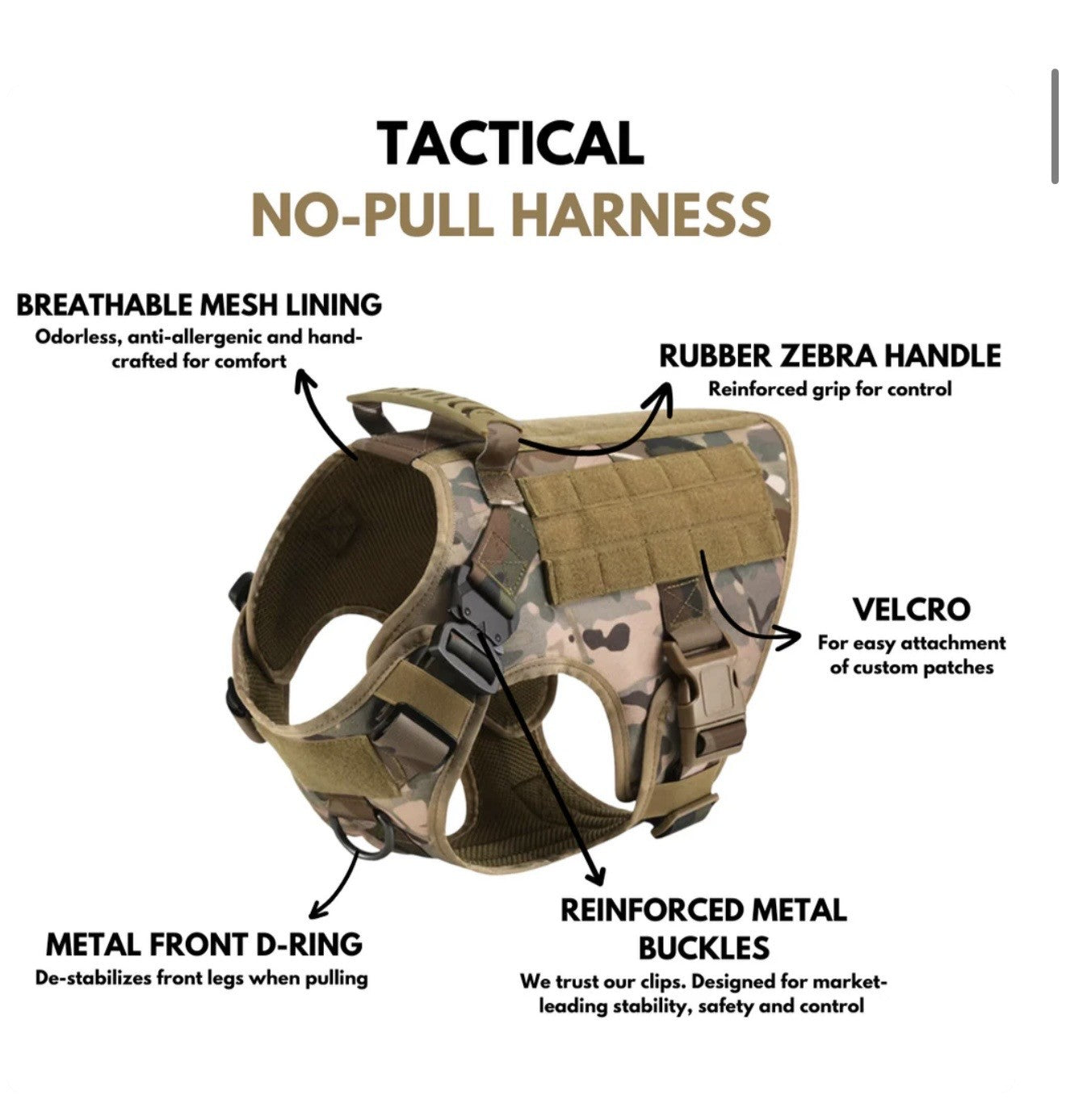 Camo Tactical Dog Harness - Heavy Duty & Quick Release