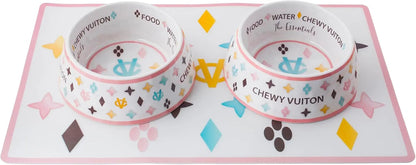 Haute Diggity Dog Chewy Vuiton Dog Bowl Set | BPA-Free, Non-Skid (2-Pack)