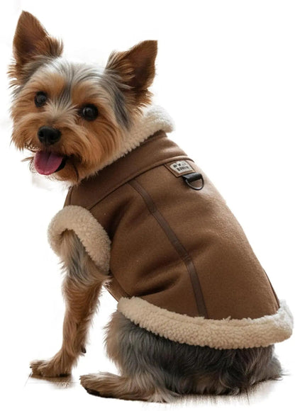 Retro Aviator Dog Jacket – Faux Leather Sherpa Coat