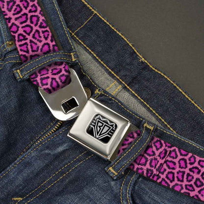 BD Wings Logo CLOSE-UP Full Color Black Silver Seatbelt Belt - Leopard Pink Fuchsia Webbing