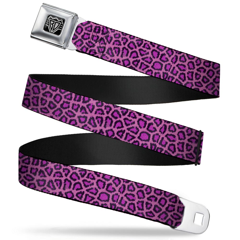 BD Wings Logo CLOSE-UP Full Color Black Silver Seatbelt Belt - Leopard Pink Fuchsia Webbing