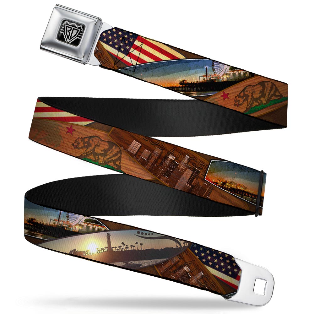 BD Wings Logo CLOSE-UP Full Color Black Silver Seatbelt Belt - Surfboard Cali Scenes/US Flag Stacked Brown Webbing