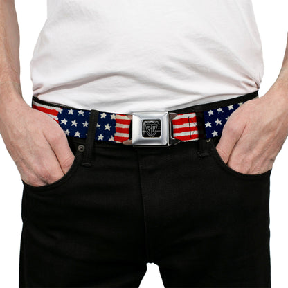 BD Wings Logo CLOSE-UP Full Color Black Silver Seatbelt Belt - Stars & Stripes Painting Webbing