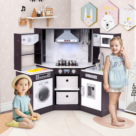 Wooden Kids Play Kitchen Playset with Realistic Lights and Sounds-Coffee