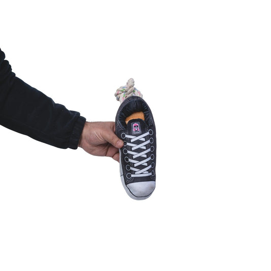 Squeaky Comfort Plush Sneaker Dog Toy – with Treat Compartment, Safe & Durable – Black