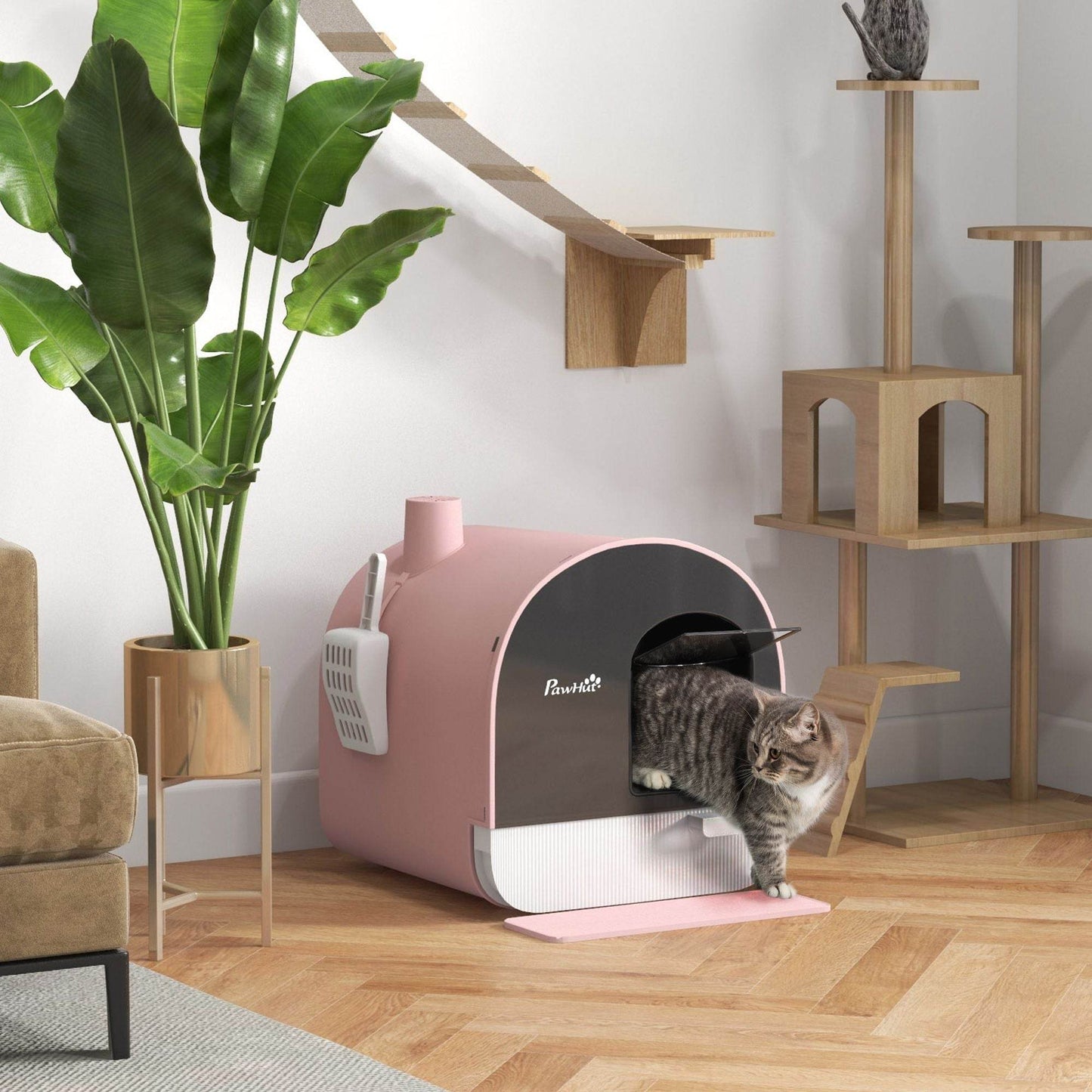 Pink Covered Cat Litter Box with Odor Filter - Complete Privacy Kit with Tray, Scoop & Mat | Compact Hooded Litter House