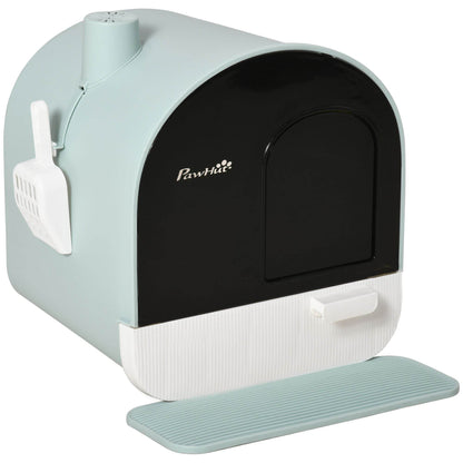 Covered Cat Litter Box with Odor Filter - Complete Privacy Kit with Tray, Scoop & Mat | Green Hooded Litter House