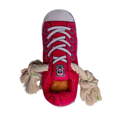 Squeaky Comfort Plush Sneaker Dog Toy – with Treat Compartment, Safe & Durable – Pink